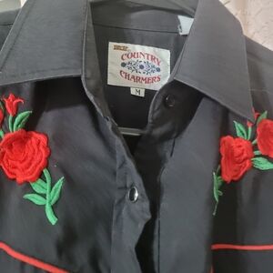 Vintage Beautiful Country Charmers Black Western Shirt with Red Rose Embroidery